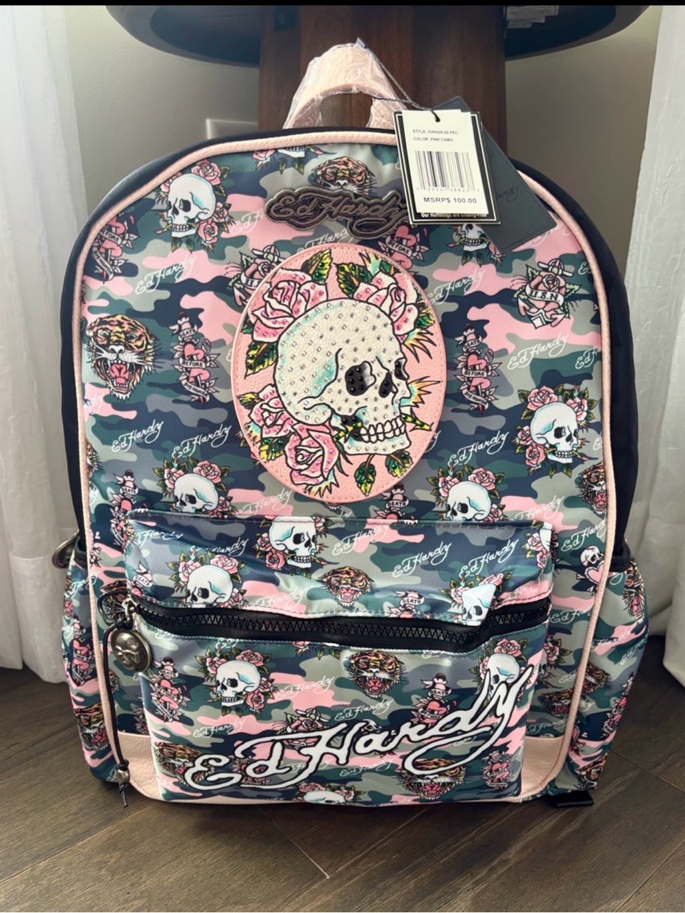 Ed Hardy Pink Camo Backpack Vegan Materials,Skull,rhinestones,zip top,laptop
